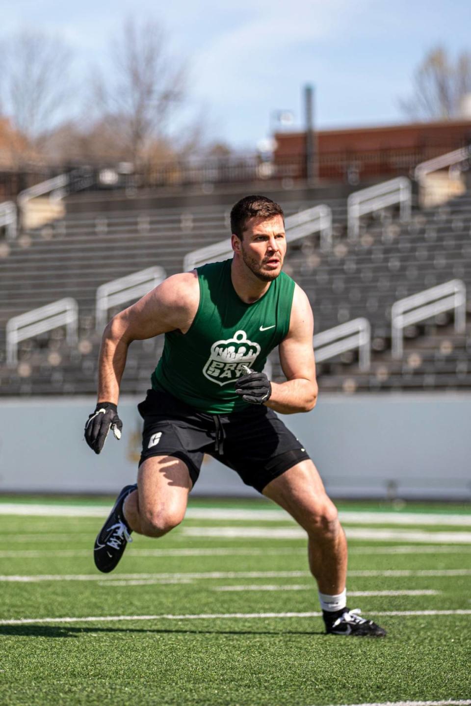 University of Charlotte defensive end Julius Welschof takes part in the program’s 2024 pro day. Courtesy of the University of Charlotte 49ers football team