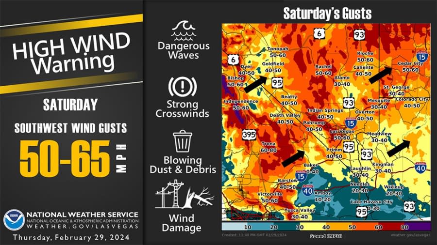 <em>This graphic shows (<em>in orange and red</em></em>)<em> the expected areas of the strongest wind gusts on Saturday. </em>(Credit: National Weather Service Las Vegas)