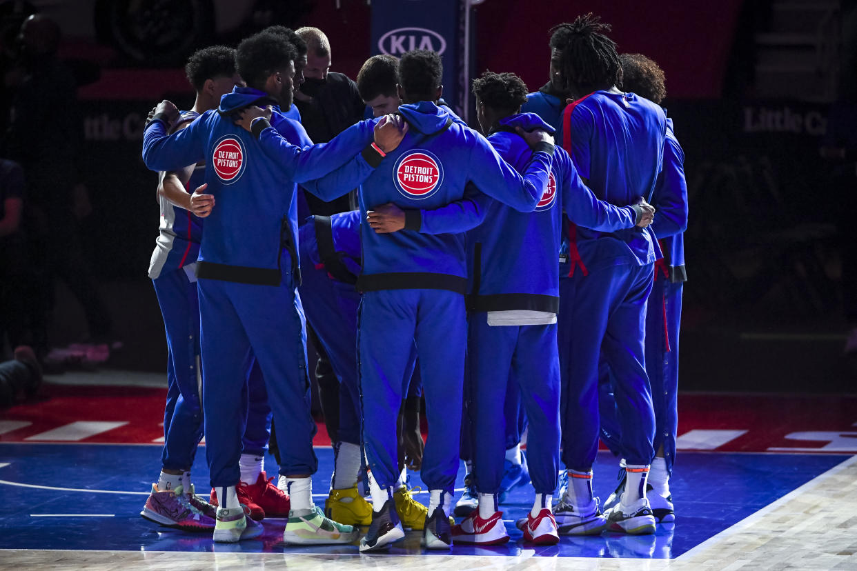 The Detroit Pistons huddle before the first quarter of the NBA game against the Orlando Magic at Little Caesars Arena on May 03, 2021 in Detroit, Michigan. NOTE TO USER: User expressly acknowledges and agrees that, by downloading and or using this photograph, User is consenting to the terms and conditions of the Getty Images License Agreement. (Photo by Nic Antaya/Getty Images)