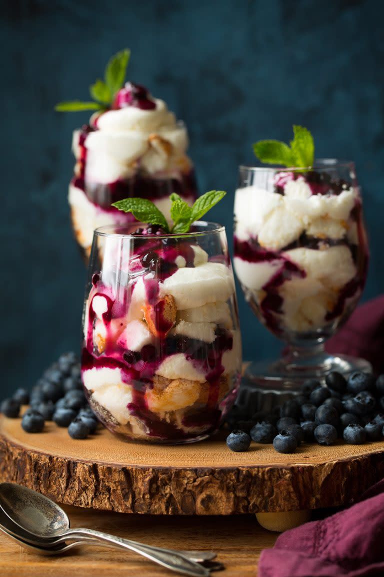 Angel Food Cake Trifles with Cheesecake Topping and Blueberry Sauce