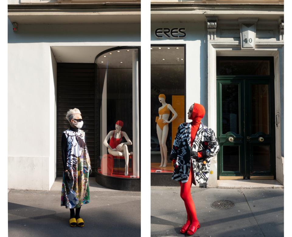 Wearing Comme des Garçons and a thrift store item in front of the Eres store.