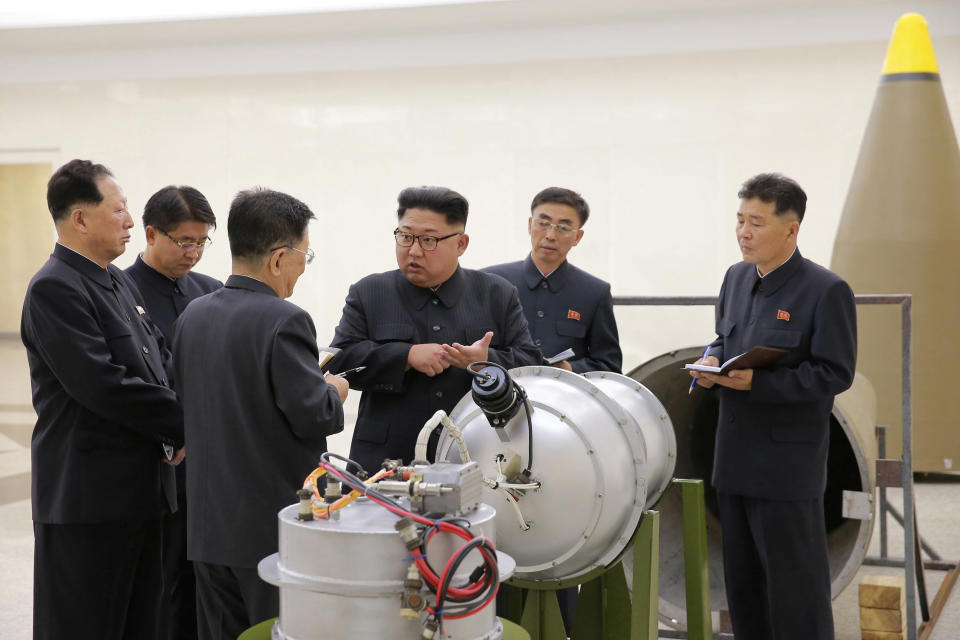 North Korean leader Kim Jong Un provides guidance on a nuclear weapons program in this undated photo released by North Korea's Korean Central News Agency (KCNA) in Pyongyang September 3, 2017. KCNA via REUTERS ATTENTION EDITORS - THIS PICTURE WAS PROVIDED BY A THIRD PARTY. REUTERS IS UNABLE TO INDEPENDENTLY VERIFY THE AUTHENTICITY, CONTENT, LOCATION OR DATE OF THIS IMAGE. NOT FOR SALE FOR MARKETING OR ADVERTISING CAMPAIGNS. NO THIRD PARTY SALES. NOT FOR USE BY REUTERS THIRD PARTY DISTRIBUTORS. SOUTH KOREA OUT. NO COMMERCIAL OR EDITORIAL SALES IN SOUTH KOREA. THIS PICTURE IS DISTRIBUTED EXACTLY AS RECEIVED BY REUTERS, AS A SERVICE TO CLIENTS.