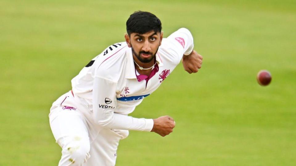 Somerset spinner Shoaib Bashir delivers a ball