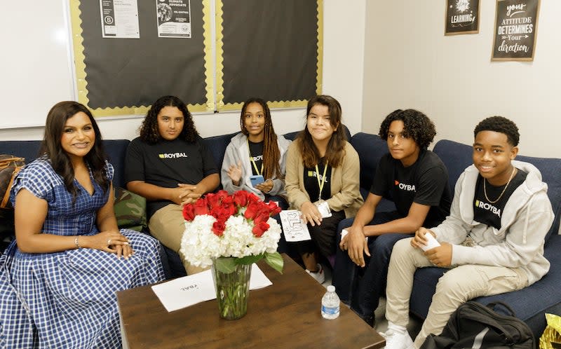 Get the T-shirt: Mindy Kaling with Roybal Film and Television Magnet students (Courtesy of Roybal LC)
