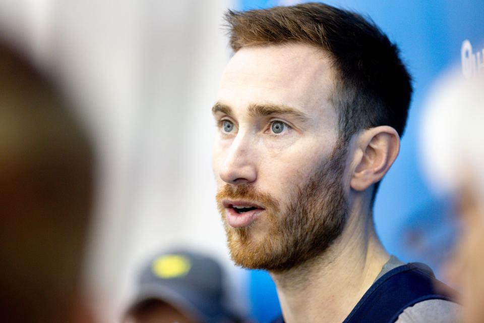 Gordon Hayward speaks to reporters at the Oklahoma City Thunder training facility in Oklahoma City, on Wednesday, Feb. 21, 2024.