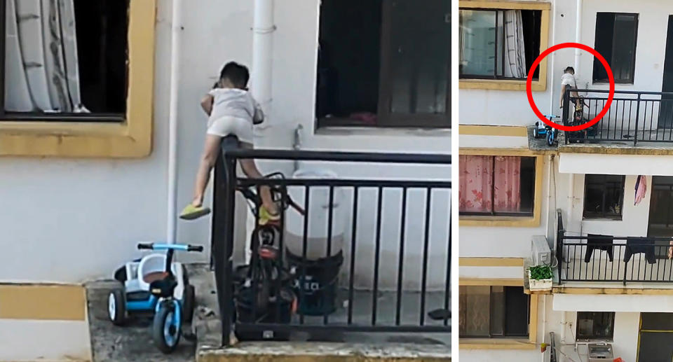 Boy climbing balcony railing