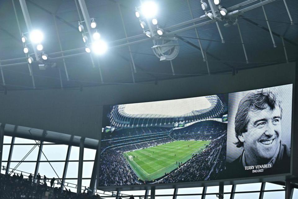 A picture of Terry Venables is shown on the video screen at Tottenham following the announcement of his death.