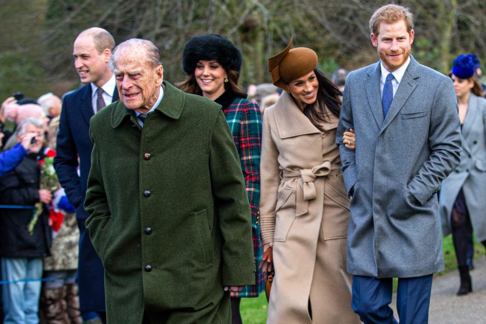 Prince Philip attending church on Christmas Day with the Duke and Duchess of Cambridge and Prince Harry and Meghan, Dec 2017 - Geoff Robinson 