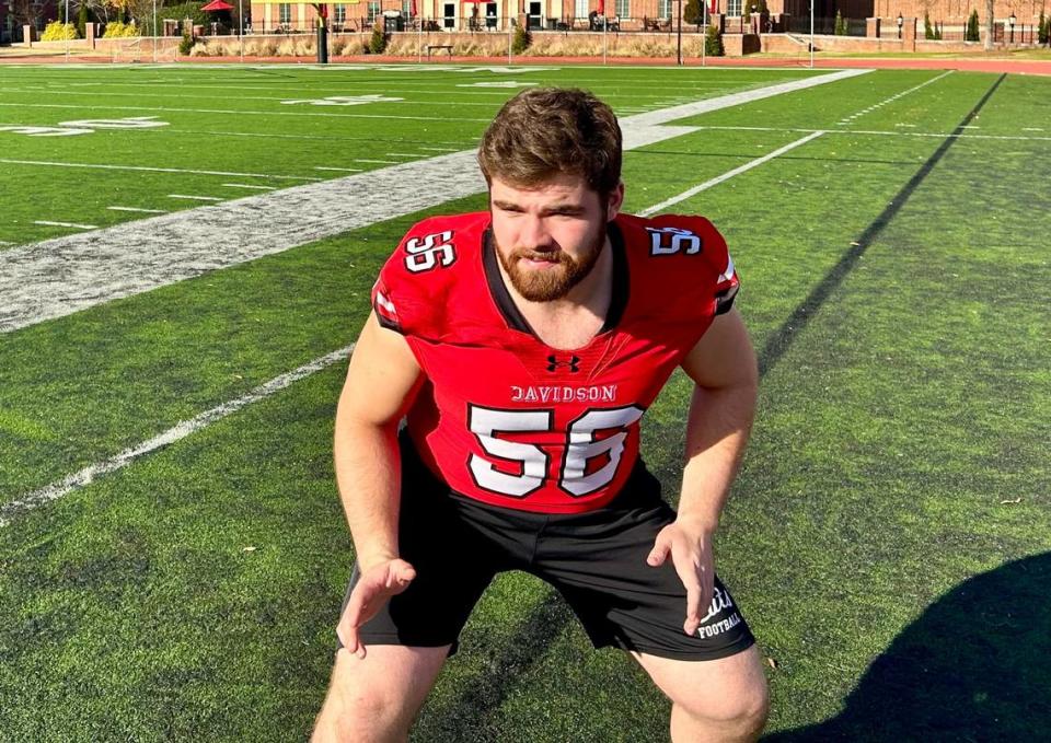 Obscure Davidson College backup center Barclay Briggs demonstrates one of the blocking stances that he might use if some NFL team accidentally picked him in the 2024 NFL draft. “I’m kidding,” Briggs said during this photo shoot. “Make sure people know that.” Briggs’ social media post on X, playfully saying he was declaring for the NFL draft and to #RespectMyDecision, has been viewed more than 9.5 million times. In reality, he won’t pursue football after college and already has a job lined up in Texas after his May 2024 graduation.