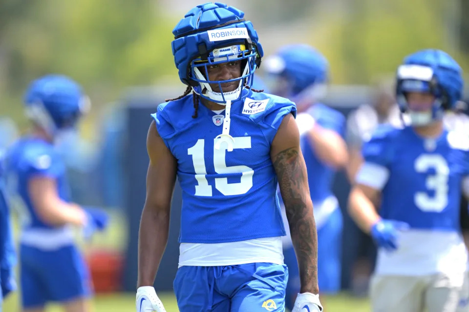 May 28, 2024; Thousand Oaks, CA, USA; Los Angeles Rams wide receiver Demarcus Robinson (15) during OTAs at the team training facility at California Lutheran University. Mandatory Credit: Jayne Kamin-Oncea-USA TODAY Sports