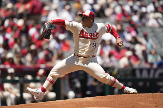 Los Angeles Angels starting pitcher Jose Suarez (54) throws during the first inning of a baseball game against the Texas Rangers in Anaheim, Calif., Sunday, May 7, 2023. (AP Photo/Ashley Landis)