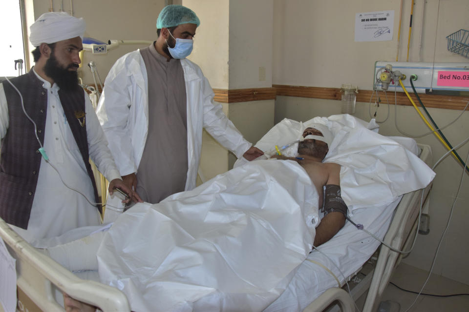 An injured victim of Friday's deadly bombing is treated at a hospital in Quetta, Pakistan, Saturday, Sept. 30, 2023. A suspected suicide bomber blew himself up among a crowd of people celebrating the Prophet Muhammad's birthday in southwestern Pakistan on Friday, killing more then 50 people and wounding dozens others, authorities said, in one of the country's deadliest attacks targeting civilians in months. (AP Photo/Arshad Butt)