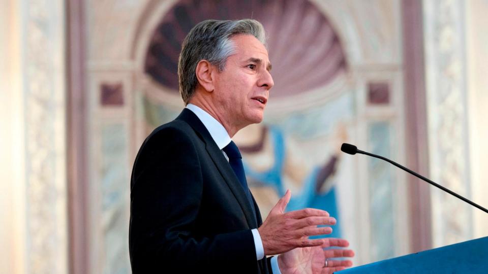 PHOTO: U.S. Secretary of State Antony Blinken addresses students and and professors in Igor Sikorsky Polytechnic Institute in Kyiv, Ukraine, May 14, 2024. (Brendan Smialowski/AP)