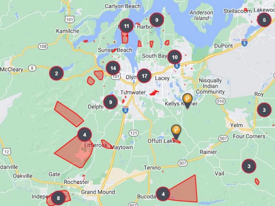 An overnight windstorm produced scattered outages in the Olympia area on Tuesday.