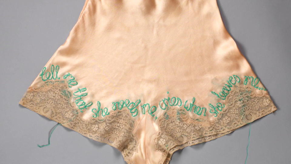 Zoe Buckman decorated vintage ladies underwear with rap lyrics from 2Pac (