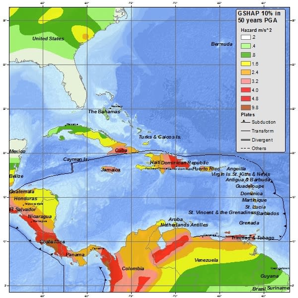 Caribbean seismic hazard map, illustrating the region's complex geologic setting.