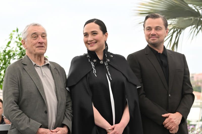 Left to right, Leonardo DiCaprio, Robert De Niro and actress Lily Gladstone attend the photo call for Killers Of The Flower Moon at the 76th Cannes Film Festival at Palais des Festivals on May 21. File Photo by Rune Hellestad/ UPI