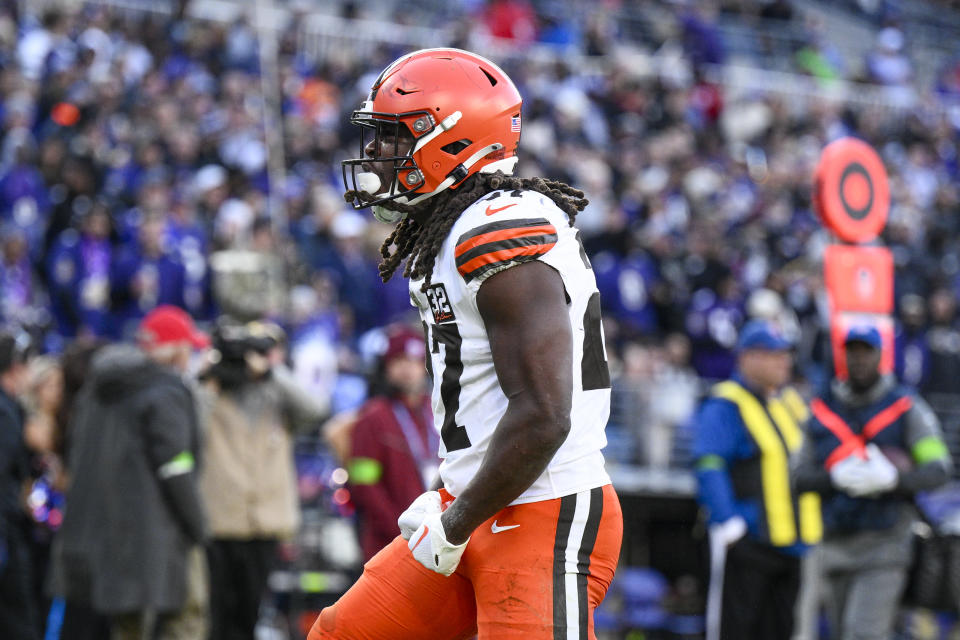 Cleveland Browns running back Kareem Hunt celebrates after scoring against the Baltimore Ravens during the second half on an NFL football game Sunday, Nov. 12, 2023, in Baltimore. (AP Photo/Nick Wass)