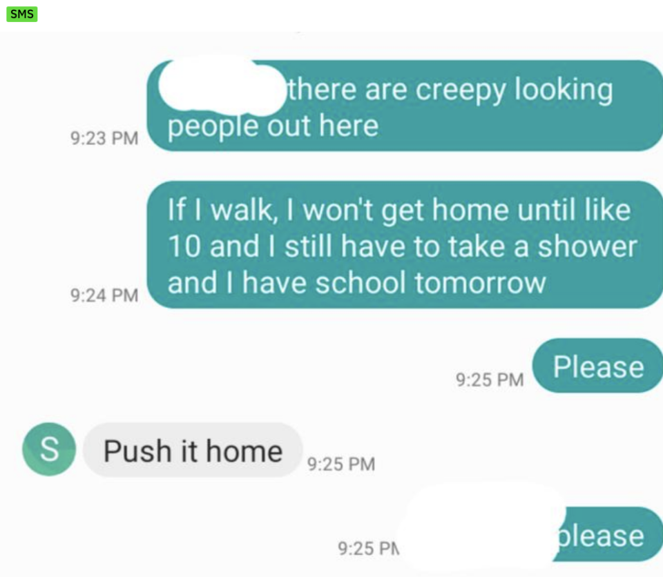 The child asks to be picked up because it's dark out and they are creeped out, and the stepparent simply says "push it home"