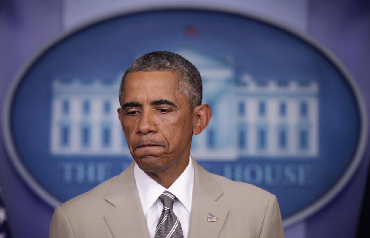 WASHINGTON, DC - AUGUST 28: U.S. President Barack Obama pauses as he makes a statement at the James Brady Press Briefing Room of the White House August 28, 2014 in Washington, DC. President Obama spoke on various topics including possible action against ISIL and immigration reform. (Photo by Alex Wong/Getty Images)