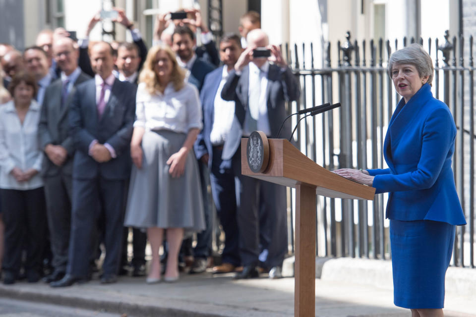 Outgoing Prime Minister Theresa May speaking outside 10 Downing Street, London, before a meeting at Buckingham Palace where she will hand in her resignation to Queen Elizabeth II.