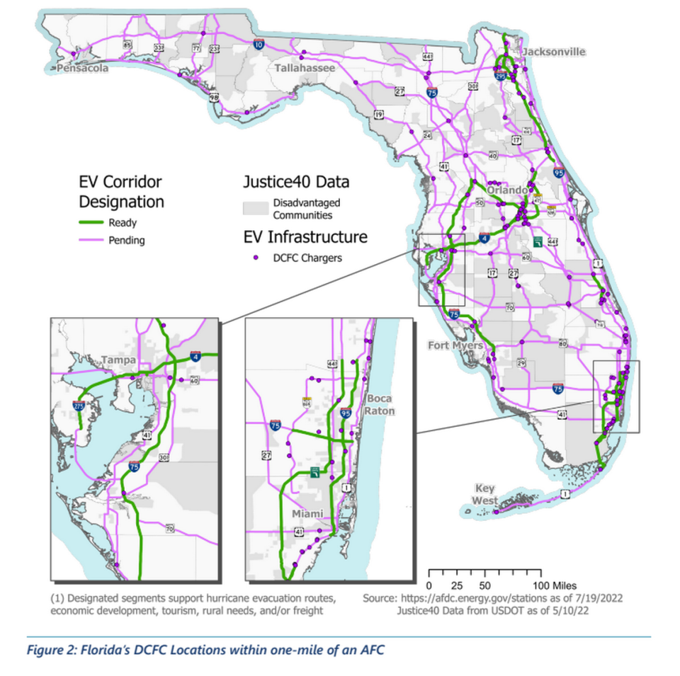 Esta imagen de la hoja de ruta de los vehículos eléctricos en la Florida para 2020 muestra los corredores de carga de vehículos eléctricos del estado (en verde) y las ampliaciones previstas (en morado), financiadas en parte por la ley federal de infraestructura.