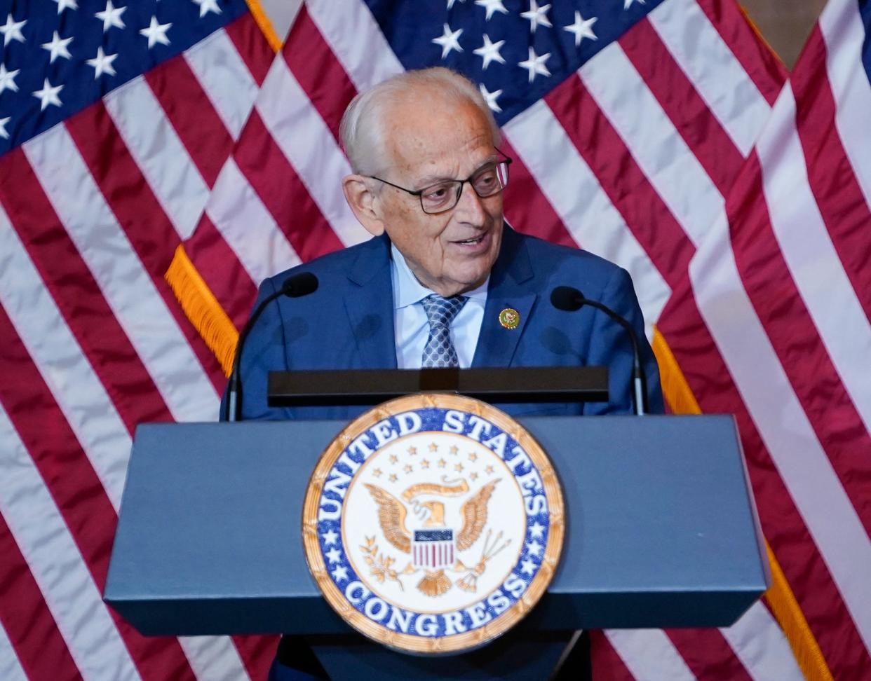 Dec. 13, 2023; Washington, D.C., USA - Congressman Bill Pascrell (D-NJ) speaks as Larry Doby, a pioneering force for Black baseball players and a native of Paterson, N.J. is honored with the Congressional Gold Medal during a ceremony at the U.S. Capitol in Washington, D.C. Mandatory Credit: Jack Gruber-USA TODAY