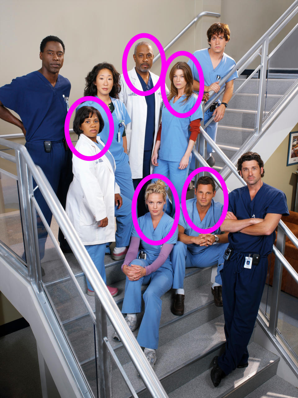 Isaiah Washington, Sandra Oh, T.R. Knight, and Patrick Dempsey are also pictured.