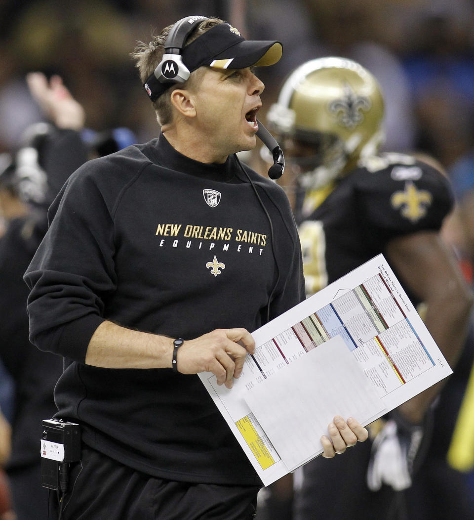 FILE - In this Jan. 7, 2012 file photo, New Orleans Saints head coach Sean Payton yells during the first half of an NFL wild card playoff football game against the Detroit Lions, in New Orleans. The NFL has suspended Payton for the 2012 season, and former Saints defensive coordinator Gregg Williams is banned from the league indefinitely because of the team's bounty program that targeted opposing players. Also Wednesday, March 21, 2012, Goodell suspended Saints general manager Mickey Loomis for the first eight regular-season games of 2012, and assistant coach Joe Vitt has to sit out the first six games. (AP Photo/Bill Haber, File)