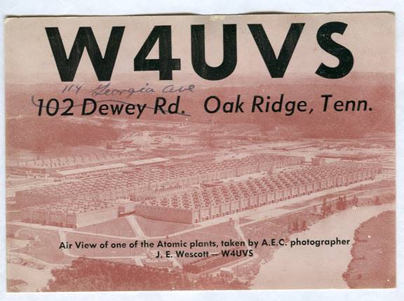 Here’s another style of QSL (acknowledgement) card that Ed Wescott used. The back of the card was blank, so it was either mailed with a letter, or Jim Grant may have met Ed at the ham-fest held each year at Crossville State Park.