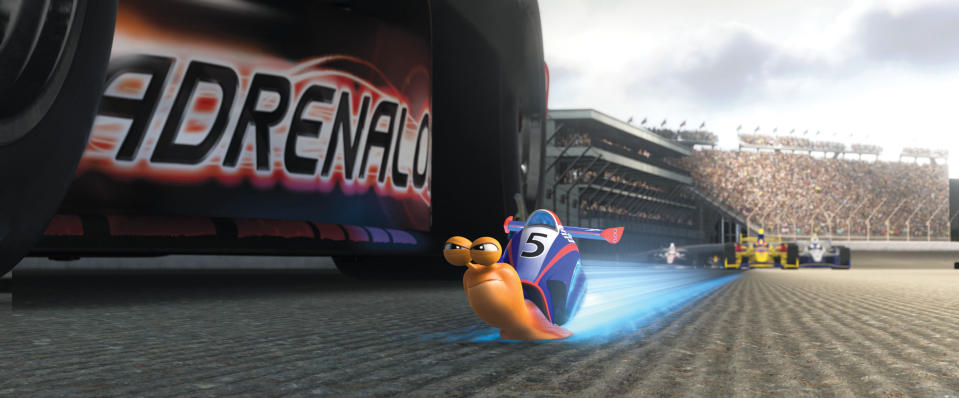 This film publicity image released by DreamWorks Animation shows a scene from the animated movie "Turbo," about an underdog snail whose dreams kick into overdrive when he miraculously attains the power of super-speed. "Turbo" is a life-size advertisement for the Indianapolis 500 that just might give a boost to the fledgling IndyCar Series. (AP Photo/DreamWorks Animation)