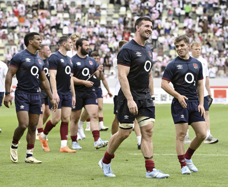 England's team members leave after they beat Japan at a rugby test match in Tokyo, Japan, Saturday, June 22, 2024. (Kyodo News via AP)