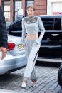 <p>There are three things all items in Gigi's closet <em>must </em>have: massive thigh slits, a subtle anthleisure vibe, and some kind of eye-grabbing detail. This super fancy sweatsuit checks off all three. But that level of slayage doesn't come cheap – the Sally LaPointe set costs <a href="http://www.elle.com/fashion/celebrity-style/news/a44531/gigi-hadid-sally-lapointe-sweats/?src=socialflowTW" rel="nofollow noopener" target="_blank" data-ylk="slk:$4,100;elm:context_link;itc:0" class="link ">$4,100</a>. 😳</p>