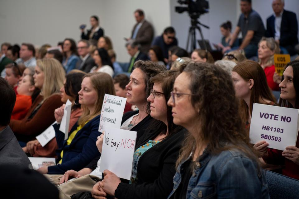 The room is full with both those in support and against the school voucher bill during a House committee meeting at Cordell Hull State Office Building in Nashville , Tenn., Wednesday, March 6, 2024.