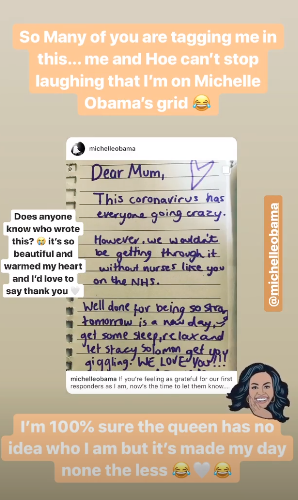 Stacey Solomon posts a screenshot of Michelle Obama's message (Instagram)