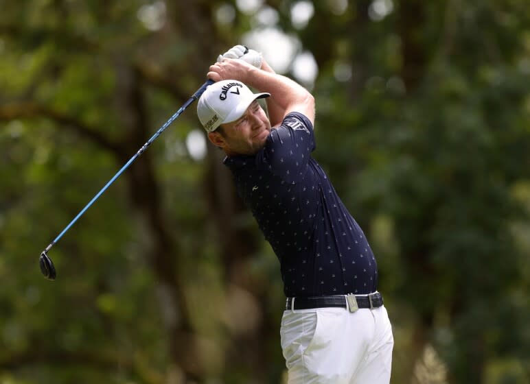 Branden Grace watches his tee shot on No. 4 in the third round of the LIV Golf event in North Plains, Ore., on July 2, 2022.