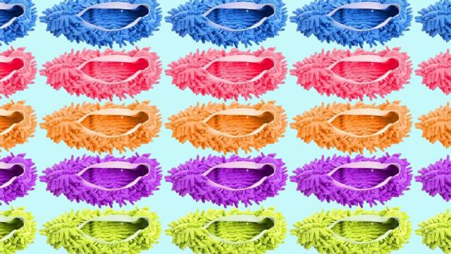rows of multicolored mop slippers