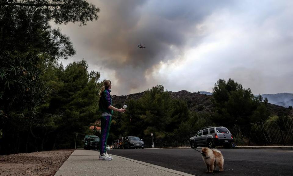 A woman and her dog watches as a plume of smoke rises from a wildfire in the Pacific Palisades area of Los Angeles on Sunday.