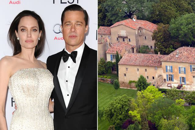 <p>Jason LaVeris/FilmMagic, MICHEL GANGNE/AFP via Getty</p> Angelina Jolie and Brad Pitt; Chateau Miraval