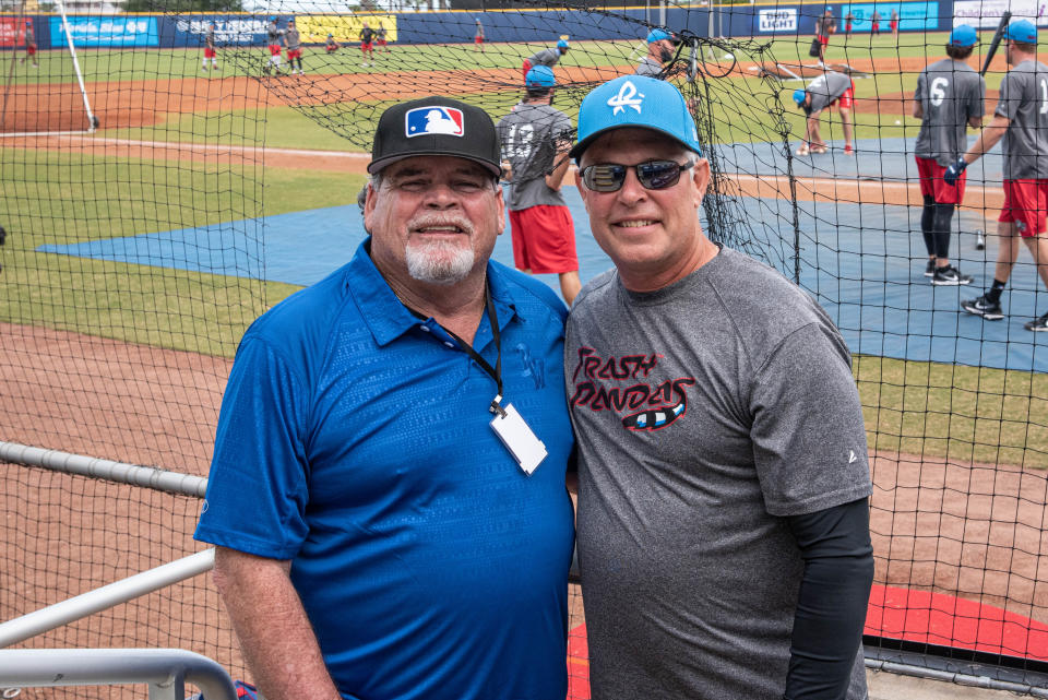 Jay Bell, right, with Kevin Saucier, an Escambia grad and the Blue Wahoos scout concierge. Both are part of Pensacola's legacy in professional baseball. Both are World Series winners.