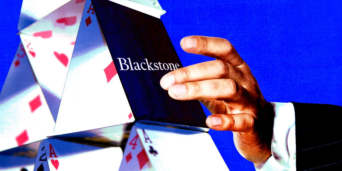 Hand reaching to pull a card labeled 'Blackstone' from a house of cards