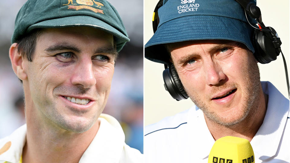 Pictured right is England cricket star Stuart Broad and Aussie captain Pat Cummins on the left.