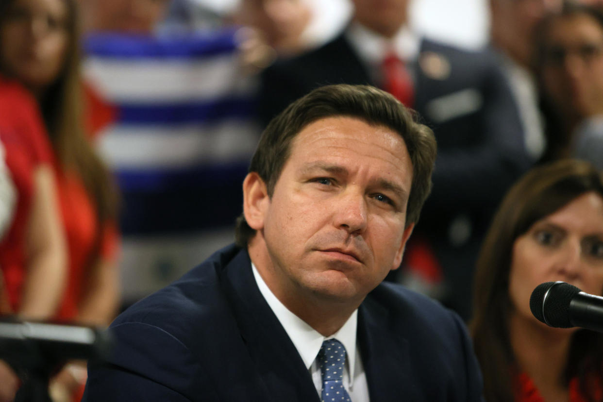 MIAMI, FLORIDA - JULY 13: Florida Gov. Ron DeSantis takes part in a roundtable discussion about the uprising in Cuba at the American Museum of the Cuba Diaspora on July 13, 2021 in Miami, Florida. Thousands of people took to the streets in Cuba on Sunday to protest against the government. (Photo by Joe Raedle/Getty Images)