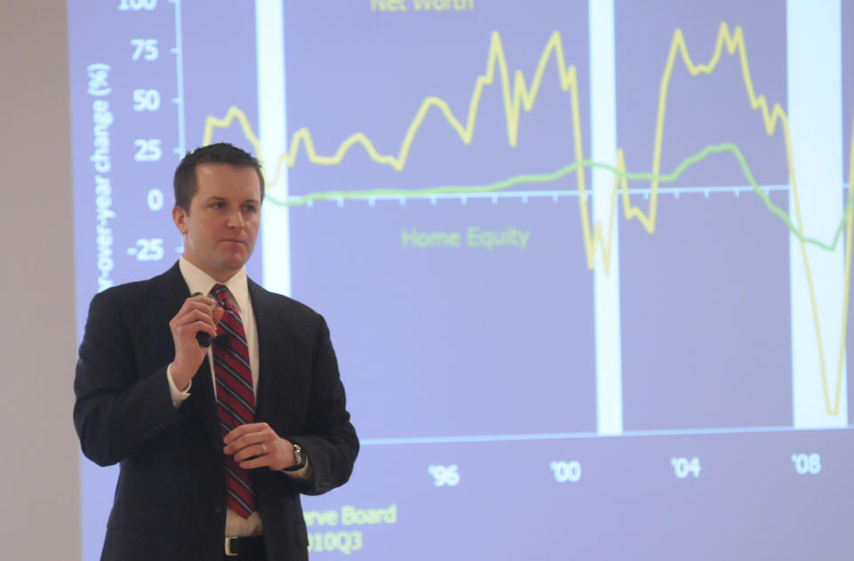 Photo by Tim Leedy 2/18/11Luke A. Tilley from the Federal Reserve Bank in Phila. speaking at the Northeast Berks Chamber of Commerce annual breakfast meeting at Berkleigh CC. (Photo By Tim Leedy/MediaNews Group/Reading Eagle via Getty Images)