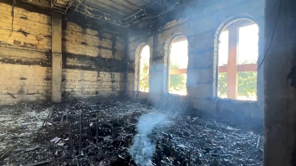 In this photo taken from video released by The Telegram Channel of the head of Dagestan Republic of Russia on Monday, June 24, 2024, an internal view of the damaged Kele-Numaz synagogue in Derbent is seen after a counter-terrorist operation in republic of Dagestan, Russia. Multiple police officers and several civilians, including an Orthodox priest, were killed by armed militants in Russia's southern republic of Dagestan on Sunday, its governor Sergei Melikov said in a video statement early Monday. (The Telegram Channel of the head of Dagestan Republic of Russia via AP)