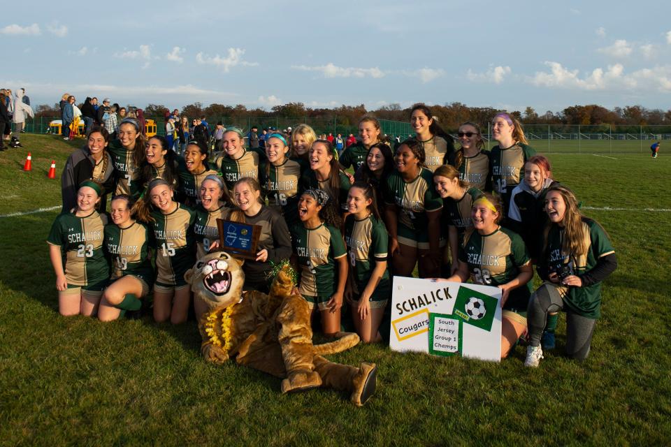 Schalick celebrates a 2-0 win over Pennsville for the South Jersey Group 1 championship Thursday, Nov. 11, 2021 in Pittsgrove, NJ.