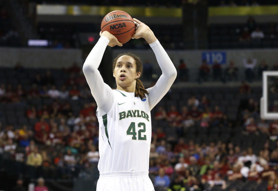 FILE - Baylor's Brittney Griner shoots a foul shot against Louisville in the second half of a regional semifinal game in the women's NCAA college basketball tournament in Oklahoma City, April 1, 2013. LSU coach Kim Mulke said Thursday, March 30, 2023, that she has not spoken to Griner since the former Baylor star was returned to the U.S. from a Russian prison, but says she is glad Griner is back and safe. (AP Photo/Sue Ogrocki, File)