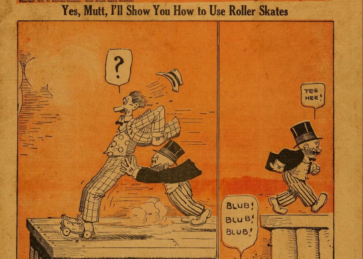 _Libro de chistes de Mutt y Jeff_, en el suplemento especial del New York Sunday American (1911). <a href="https://comics.ha.com/itm/memorabilia/comic-related/mutt-and-jeff-joke-book-new-york-sunday-american-special-supplement-new-york-sunday-american-1911-condition-vg-fn/a/121621-14728.s?ic4=GalleryView-ShortDescription-071515" rel="nofollow noopener" target="_blank" data-ylk="slk:Bud Fisher / Heritage Auctions;elm:context_link;itc:0;sec:content-canvas" class="link ">Bud Fisher / Heritage Auctions</a>