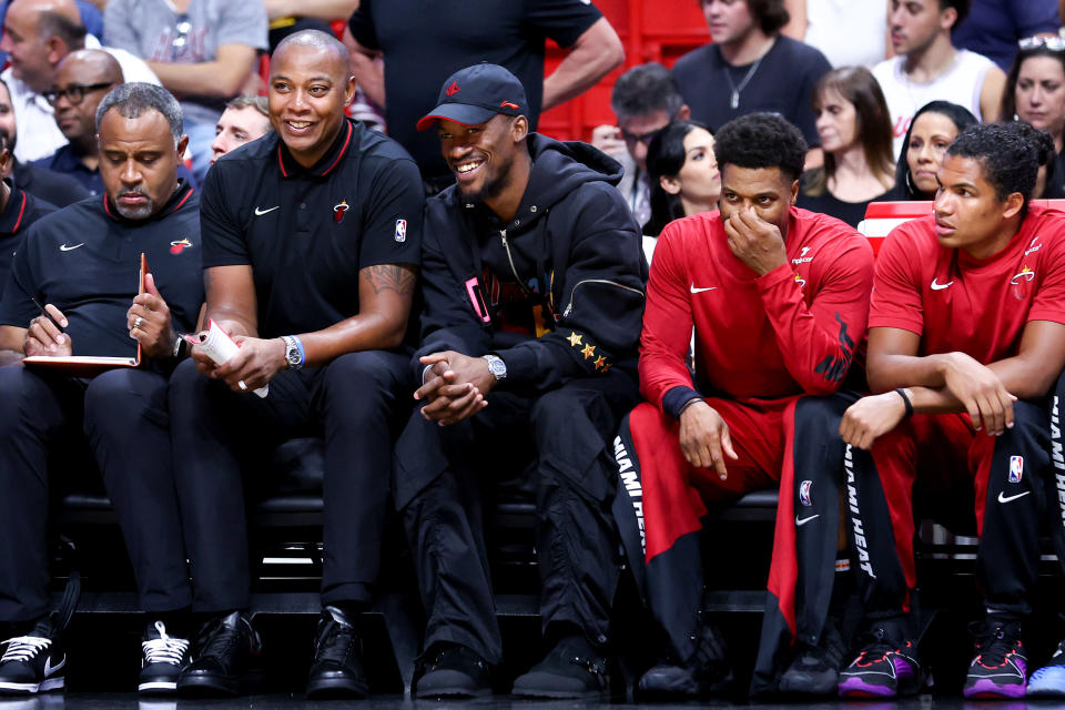 Jimmy Butler (center) and the Miami Heat still believe they are title contenders. (Photo by Megan Briggs/Getty Images)