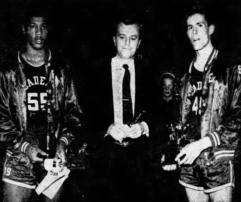 Elmira Free Academy coach Jim Flynn with captains Ernie Davis, left, and Jim Sampsell in 1957 after the Blue Devils finished a 27-0 season with a 68-46 win over Newark Valley in the Section 4 Class B championship game.